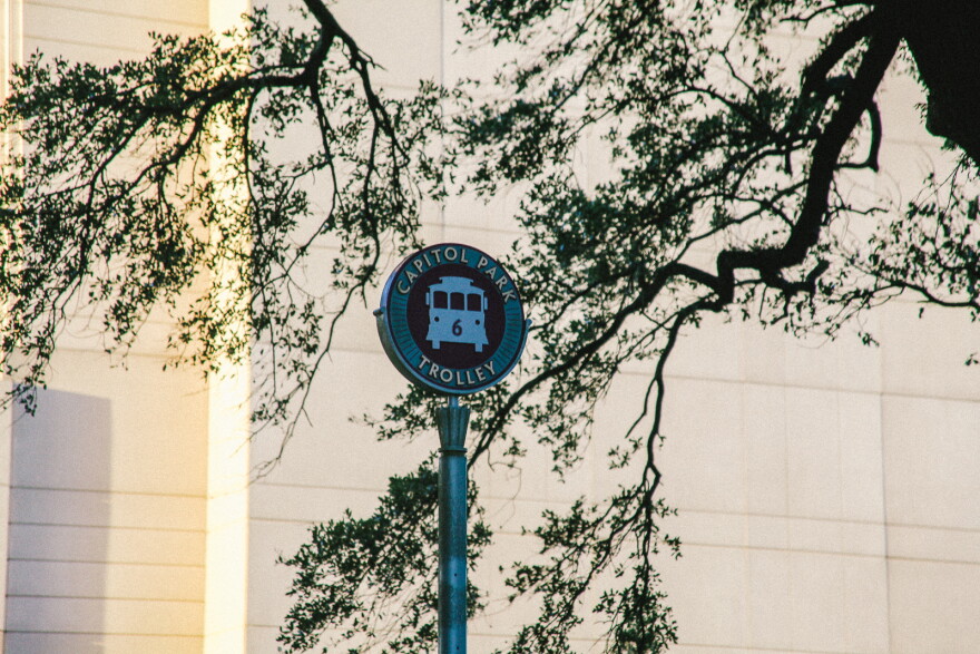 A trolley sign in Downtown Baton Rouge.