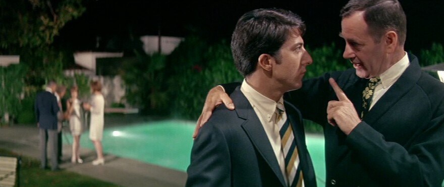 Dustin Hoffman and Walter Brooke in Mike Nichols' THE GRADUATE (1967).
