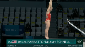 USA divers Jessica Parratto and Delaney Schnell about to execute one of their Olympic dives July 27, 2021 in Tokyo.