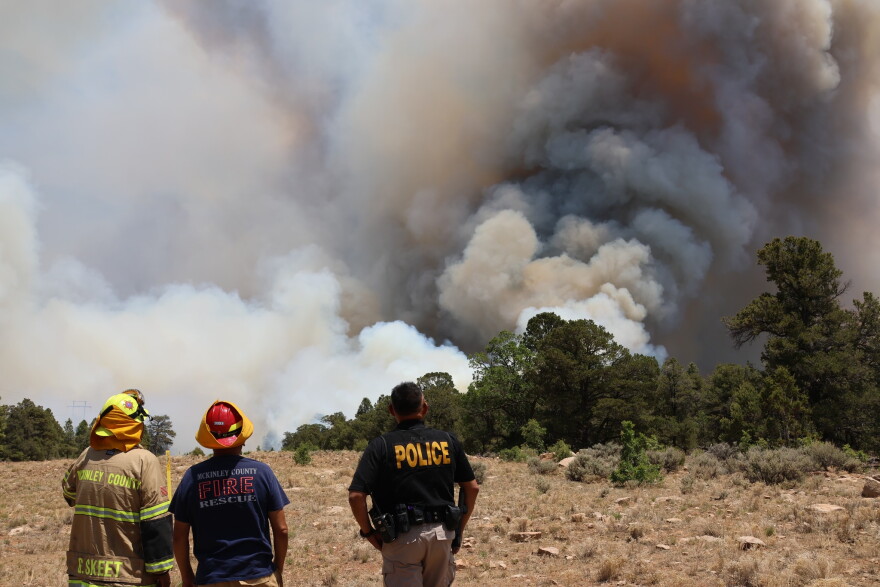 Navajo Nation police and McKinley County firefighters watch smoke from the Oak Ridge Fire, June 29, 2025.