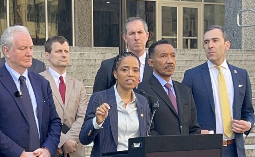 Maryland Sen. Angela Alsobrooks speaks outside of an ICE detention facility in Baltimore on Monday, March 9, 2026.
