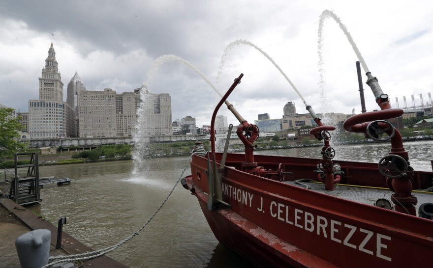 The Anthony J. Celebrezze rests near Fire Station 21 on the Cuyahoga River, Thursday, June 13, 2019, in Cleveland. 