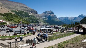 Glacier Park's Logan Pass Visitor Center on a busy summer day.