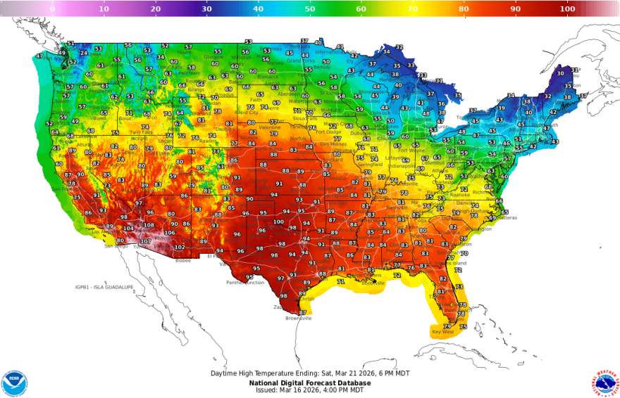 NOAA’s forecast for Saturday, March 21, 2026 shows anomalously high temperatures across the Southwest, the result of a high-pressure system and heat dome.