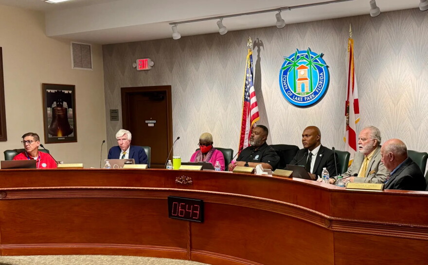 The Lake Park Town Commission in January, with Town Manager Rich Reade on the far left.