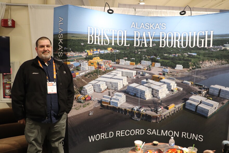 Jeremy Kern, Bristol Bay Port Director, at Bristol Bay Borough's Pacific Marine Expo booth. 2025.