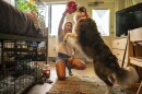 Sophie Nocera, 21, a senior at Eckerd College, plays with her dog Zuco in her college dorm on Wednesday, Aug. 20, 2025 in St. Petersburg.