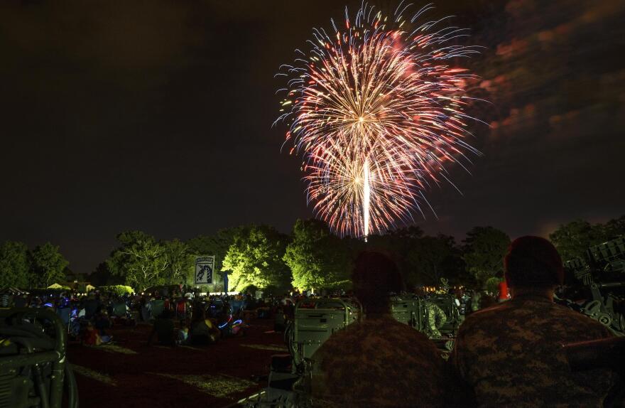 Fireworks explode on the Fourth of July at Fort Bragg's Main Post Parade Field.