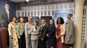 Ohio Supreme Court justices, former and current, gathered for a photo opportunity after the opening of the new Women in Law exhibit at the Ohio Supreme Court building in Columbus, Ohio