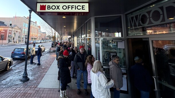 Spectators line up to enter Charles R. Wood Theater in Glens Falls on Sunday ahead of a town hall with Democratic U.S. Reps. Alexandria Ocasio-Cortez and Pat Ryan.