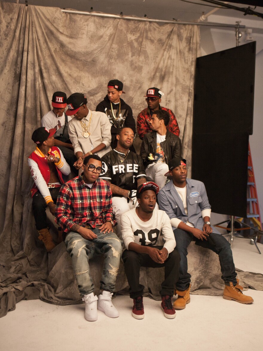 10 of this year's 12 Freshmen. Back row (all left to right): Chance the Rapper, Lil Bibby and Jarren Benton. Middle row: Lil Durk, Rich Homie Quan, Ty Dolla Sign and Vic Mensa. Bottom row: Kevin Gates, Isaiah Rashad and Jon Connor. Absent: August Alsina and Troy Ave.