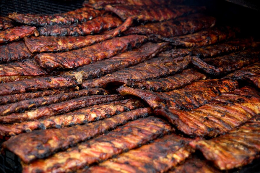 Racks of barbecue ribs.
