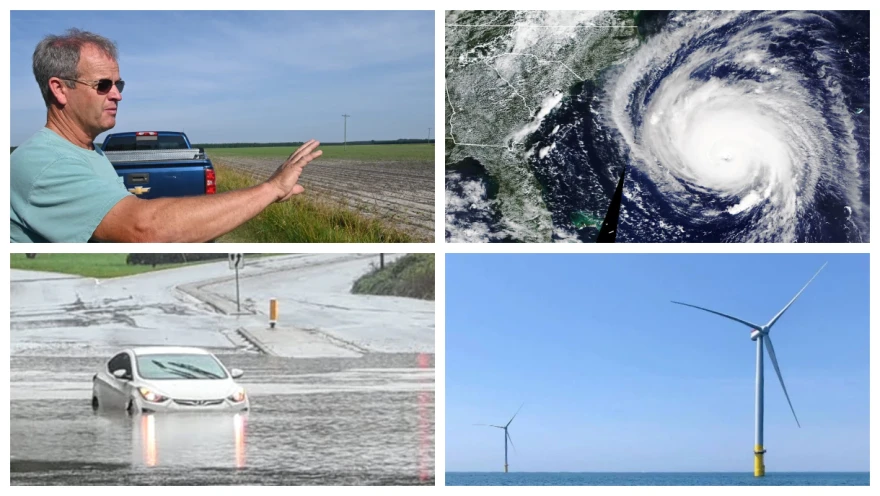 Top from left: Hyde County farmer Ray Tooley, Hurricane Florence approaches Wilmington in 2018, flooding in west Charlotte in 2020, and a wind turbine off the Virginia Coast. Photos courtesy David Boraks/NASA/WFAE