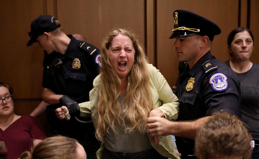 Protesters disrupt the confirmation hearing for Supreme Court nominee Kavanaugh. Capitol Police said 70 people were charged in connection with the protests.