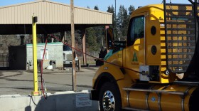 A commercial trucks fuels up on natural gas at Weyerhaeuser's Goshen facility.
