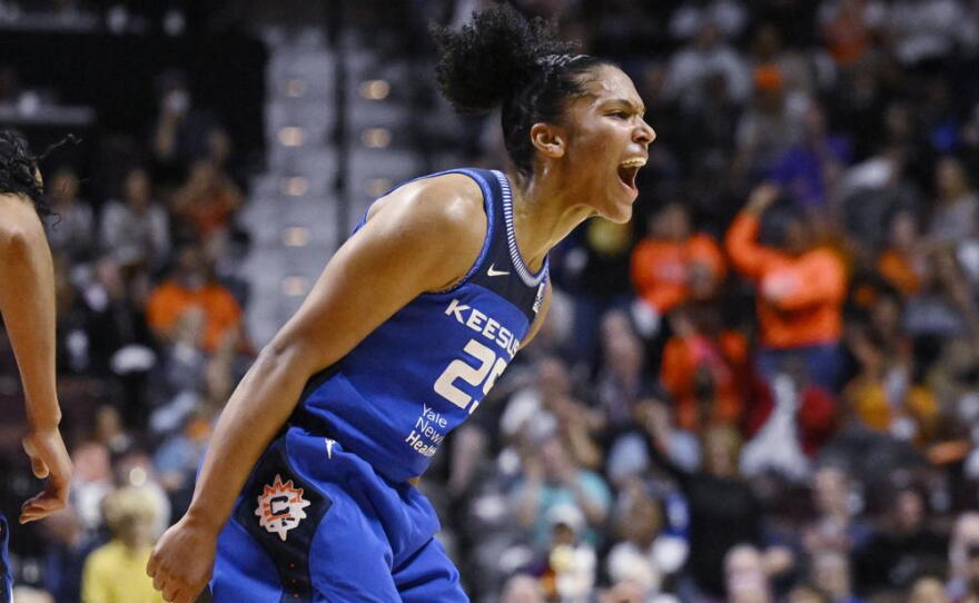 The Connecticut Sun's Alyssa Thomas reacts during the first half of Game 3 of the WNBA Finals against the Las Vegas Aces, Thursday, Sept. 15, 2022, in Uncasville, Conn.