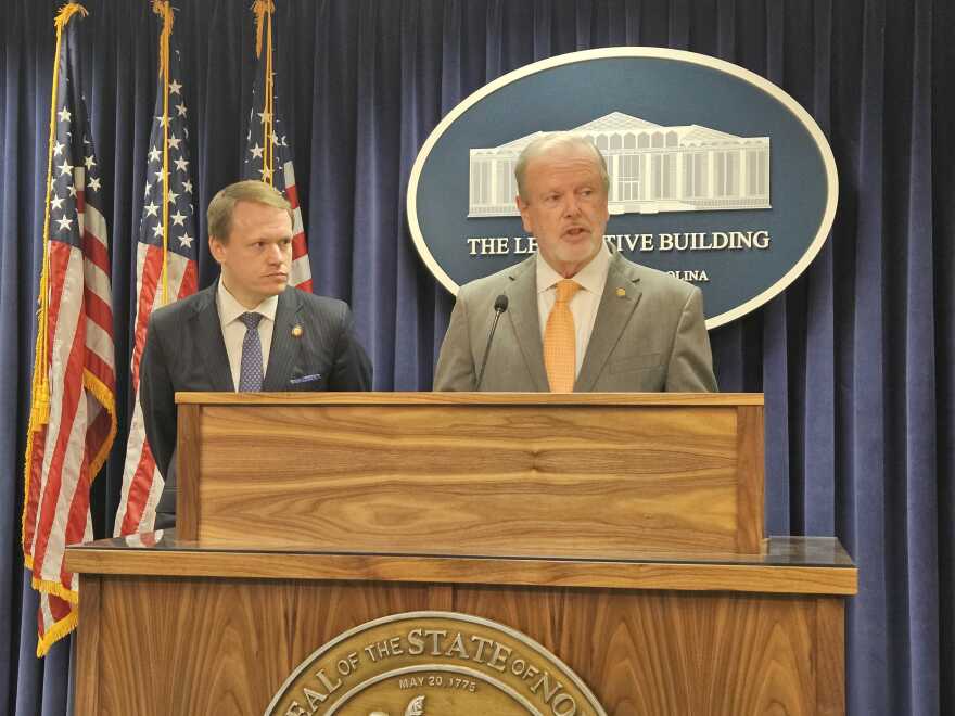 House Speaker Destin Hall, left, and Senate leader Phil Berger held a news conference Tuesday to announce a budget agreement.