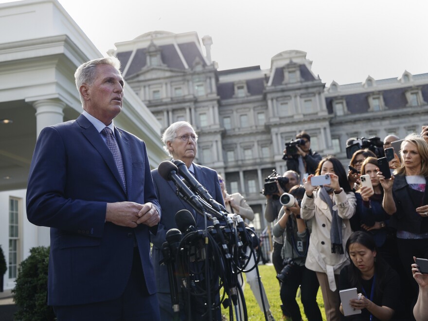 House Speaker Kevin McCarthy and Senate Republican Leader Mitch McConnell talk to reporters after leaving the White House meeting.