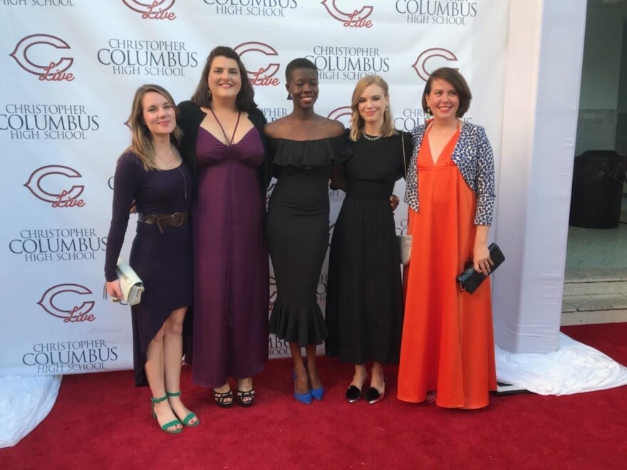 From left, Caitie Muñoz and Jessica Bakeman attend a student media awards ceremony at Christopher Columbus High School in Miami on April 18, 2018. With them are WLRN producer Bridget O'Brien and former reporters Nadege Green and Sammy Mack.