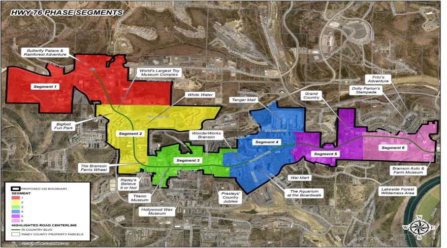 The Branson 76 ECID's segment map. Work on segments one and two, in red and yellow at the west end of the district, began this week.