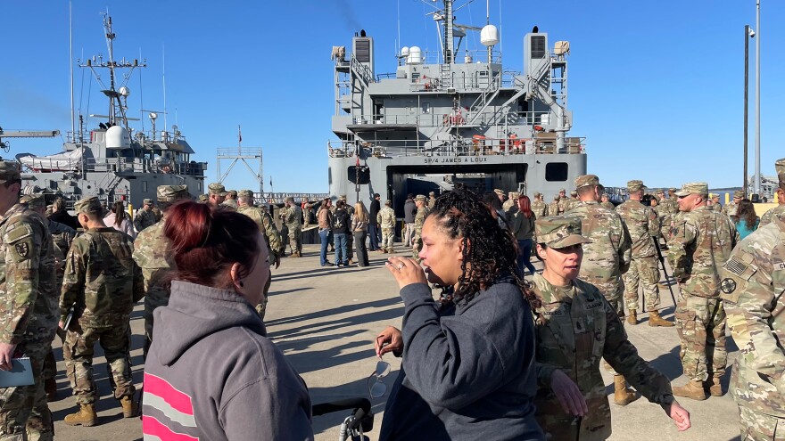 Families await the departure of Army boats at Joint Base Langley/ Fort Eustis. March 12, 2024. Steve Walsh