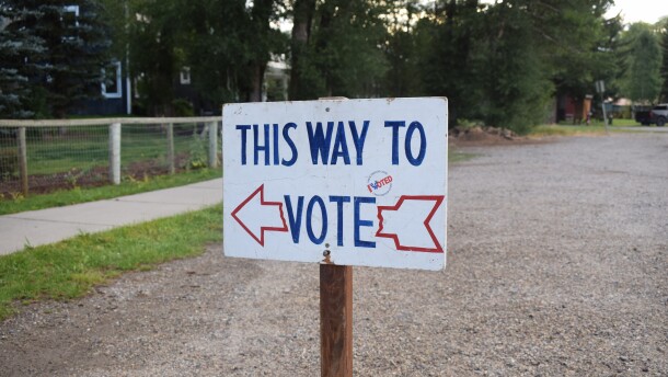 A white sign reads "this way to vote" with an arrow pointing to the left.