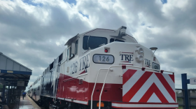 A Trinity Railway Express train arrives at CentrePort Station on June 8, 2026.
