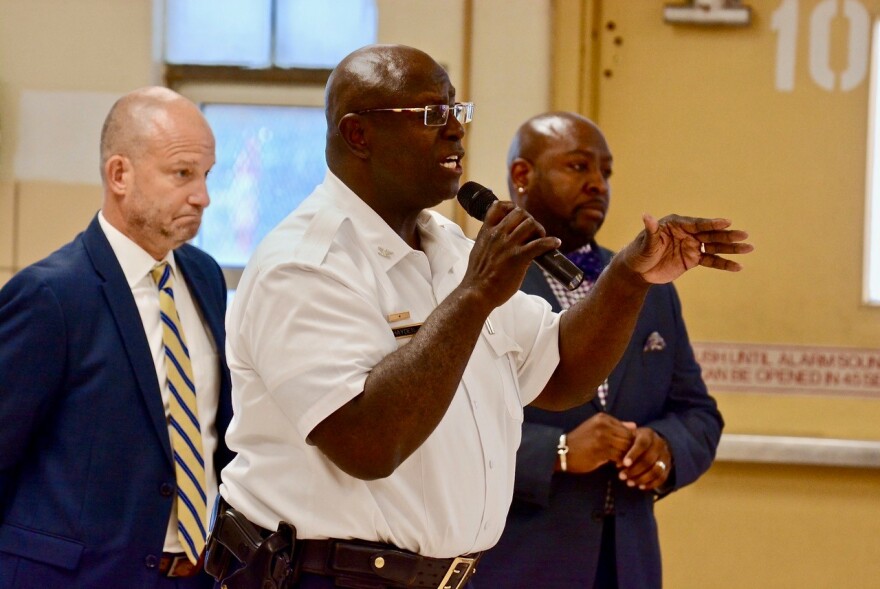St. Louis Police Chief John Hayden speaks to residents at Clinton-Peabody Public Housing Complex on Friday.