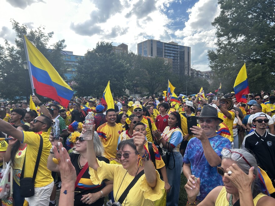 Colombia fans rally Thursday at Mill Creek Park ahead of the country's World Cup match against Ghana on Friday at Arrowhead Stadium.
