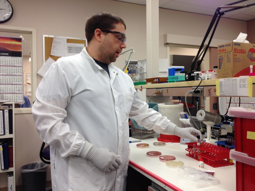 Jeff Lahti, microbiologist at the Department of Health tests samples for E. coli.