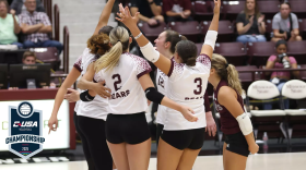 Missouri State volleyball celebrates in the CUSA Tournament against UTEP, 2025