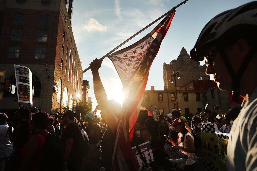 Black Lives Matter protesters march through downtown Philadelphia during the Democratic National Convention on Tuesday.