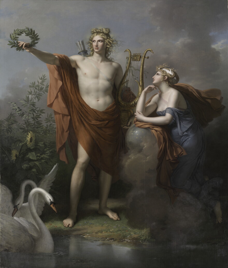 Apollo, God of Light, Eloquence, Poetry and the Fine Arts with Urania, Muse of Astronomy, 1798, by Charles Meynier (1763–1832)