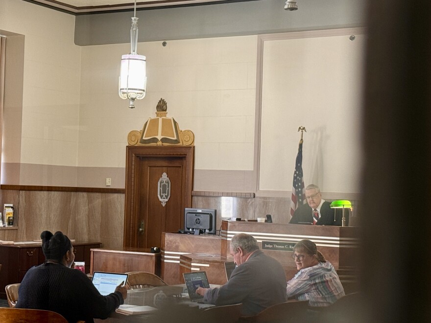 Judge Thomas Riesen presides over virtual hearings for detainees in the Oklahoma County Detention Center from his fifth-floor courtroom at the county courthouse. ASHYLND BAECHT/