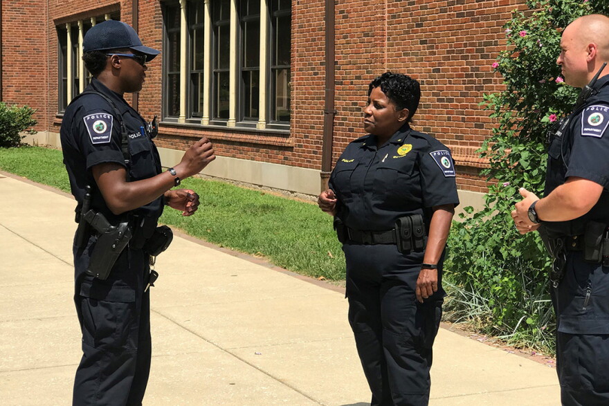 Indianapolis Public Schools Police Department Chief Tonia Guynn talks to other officers working for the district.