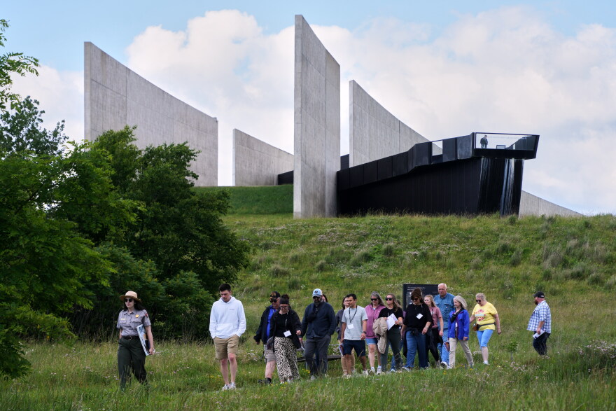 U.S. Park Ranger Claire Affinito, left, leads a tour for a group of educators at the Flight 93 National Memorial in Shanksville, Pa., Tuesday, June 23, 2026.