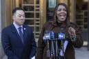 New York Attorney General Letitia James, right, and Connecticut Attorney General William Tong, left, speak during a news conference outside Manhattan federal court, Friday, Feb. 14, 2025, in New York. (AP Photo/Yuki Iwamura)