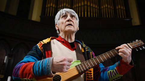 Evelyn Avoglia rehearses protest songs with members of Moral Mondays Fairfield County at the Unitarian Universalist Congregation in Stamford, Connecticut on February 11, 2026.