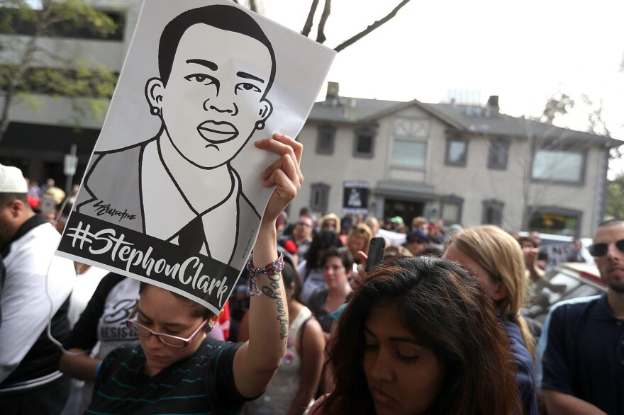 Black Lives Matter protesters stage a demonstration in front of the offices of Sacramento District Attorney Anne Marie Schubert on April 4, 2018 in Sacramento, Calif., in the wake of the police shooting of Stephon Clark. (Justin Sullivan/Getty Images)
