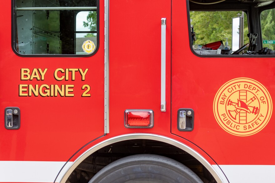 A fire engine stationed at Bay City's Fire Station No. 2. The fire station has been trying to find ways to clean PFAS chemicals from the area after tanks of fire retardant leaked into the ground in 2020.