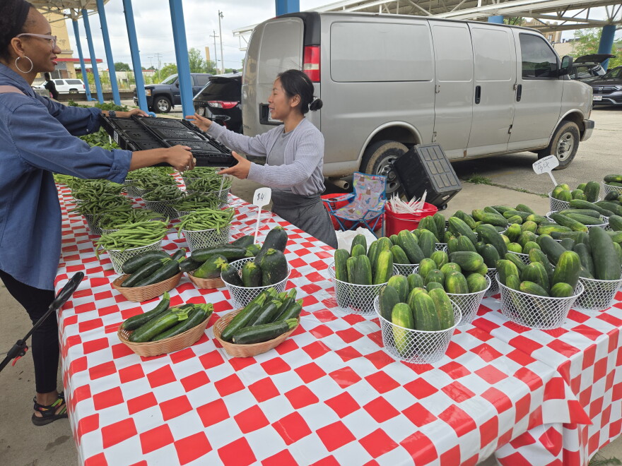 Food Justice Director of Tikkun Ha Ir Amanda McVann hands an empty carton to fill with vegetables to farmer Jenny Yang at the Fondy Farmers' Market.