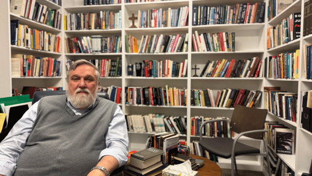 Doug Wilson sits in his church office in Moscow, Idaho for an interview in December of 2025.