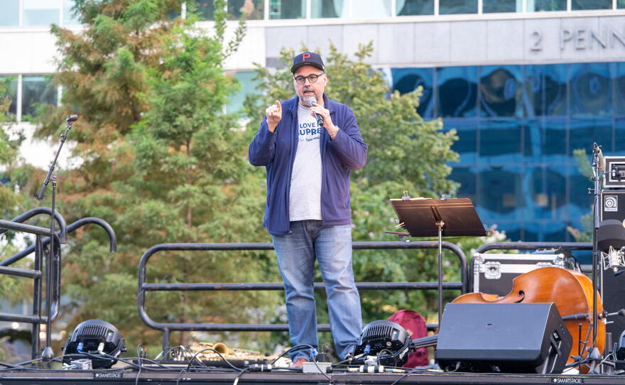 Josh Jackson, host of the Friday Mixtape and associate general manager for programming and content at WRTI, introduces the Jaleel Shaw Trio at A Love Park Supreme.