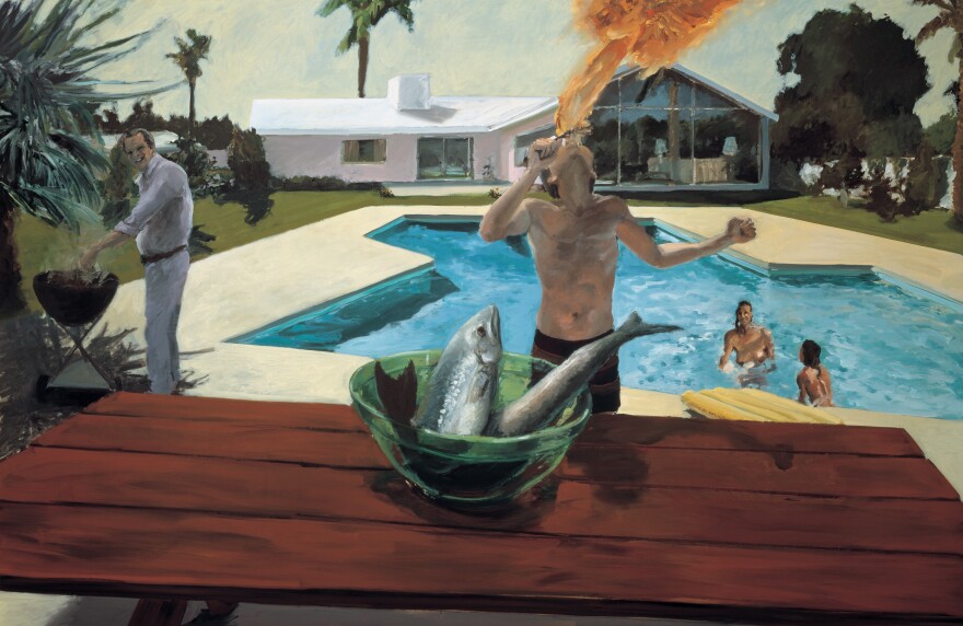 Painting of a bowl of fish on a picnic table in front of a boy breathing fire, a man grilling and two women swimming in a pool in the lush backyard of a house in the Southwest