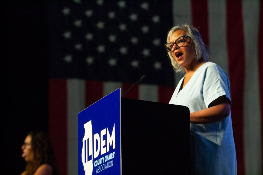 U.S. Rep. Robin Kelly speaks at the Illinois Democratic County Chairs’ Association brunch on Aug. 13, 2025.