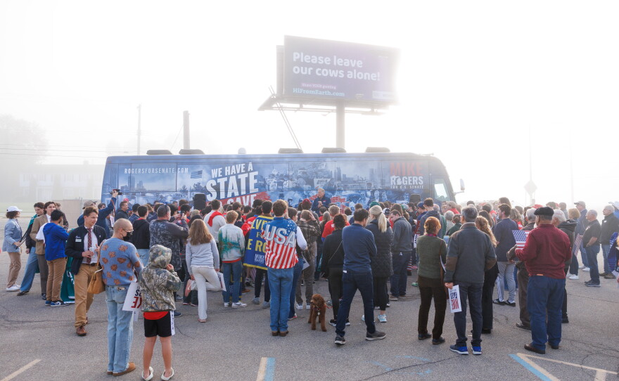Republican U.S. Senate nominee Mike Rogers speaks in Lansing Township, Mich., on Oct. 24, 2026, during a stop on his "We Have a State to Save" bus tour.