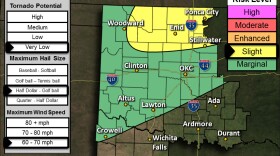 There is a slight risk of severe storms late this afternoon and tonight across parts of northern Oklahoma. Primary threats will be hail to the size of golfballs and winds up to 70 mph.