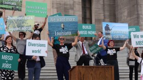 Advocates and supporters of the Mid-Barataria Sediment Diversion project rallied Monday, May 12, 2025, on the State Capitol steps. The project has now officially been canceled.