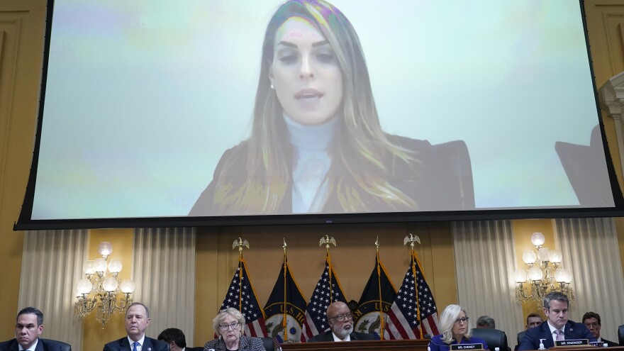 A video showing Hope Hicks plays as the House select committee investigating the Jan. 6 attack on the U.S. Capitol holds its final meeting on Capitol Hill Monday.