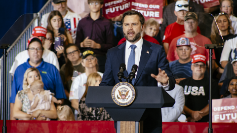 Vice President JD Vance promotes the Trump administration’s accomplishments on taxes and trade at a rally in Council Bluffs on Sept. 18, 2026.